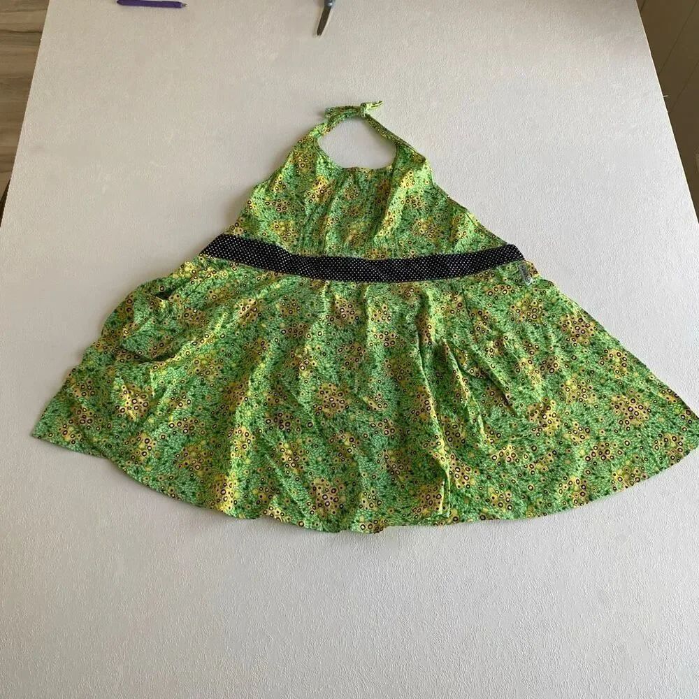 Kirsch Gluck Anthropologie Green Floral Halter Apron Dress Girls Vintage Style